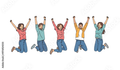 Happy people jumping celebration vector illustration joyful victory lifestyle characters