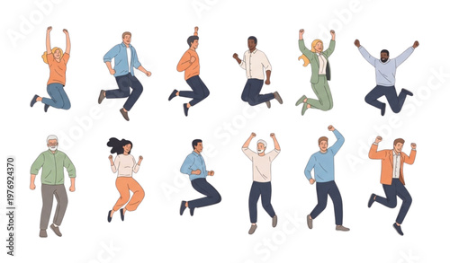 Joyful jumping people celebration concept flat line vector success lifestyle illustration