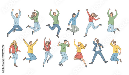Celebrating people jumping flat line vector illustration happy lifestyle victory concept
