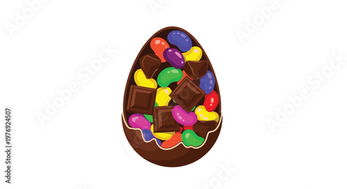 A hollow artisanal cocoa shell overflowing with vibrant sugary jelly beans and rich dark chocolate chunks rests on a pristine minimalist white surface.