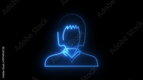 Neon female user avatar icon with blue glow on dark background, profile account identity concept animation.