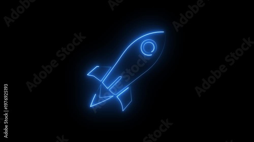 Neon rocket launch icon glowing blue on dark background, growth innovation symbol design animation.