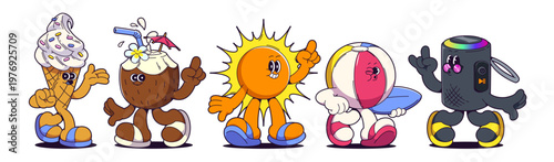 Retro summer beach cartoon characters, smiling groovy sun mascot, tropical coconut cocktail, cute speaker in flip flops, vintage vibe. Fun vacation vector illustration isolated on white background