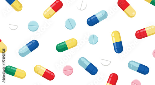 An assortment of vibrant pharmaceutical capsules and round tablets are scattered across a pristine white background creating a clean medical aesthetic.