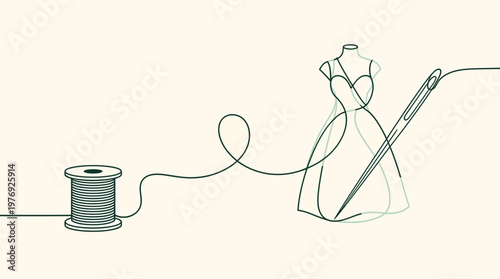 Spool of thread, needle, dress form. Thread forms elegant gown outline. Craft, fashion design, creativity. Minimalist green line art. Isolated, clean background.