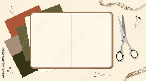 Sewing notions, fabric swatches around blank notebook, with scissors, pins, tape, flat lay, symbolizing creative craft. Minimal vector, earthy palette. Top view, copy space.