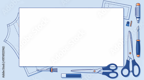 Sewing and tailoring craft tools like fabric patterns, scissors, and seam ripper arranged around blank copy space, symbolizing handmade creativity and design in a clean line art vector style.