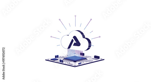 A stylized cloud icon rests atop a glowing digital circuit board to illustrate the modern concept of cloud computing and advanced data infrastructure.