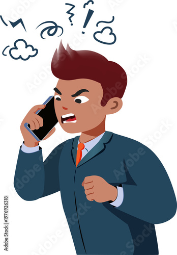 Angry Businessman talking on phone with frustrated manner with intense expression and doodle furious sign. 