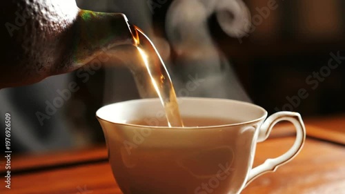 Hot tea pouring from a ceramic teapot into a white porcelain cup with steam