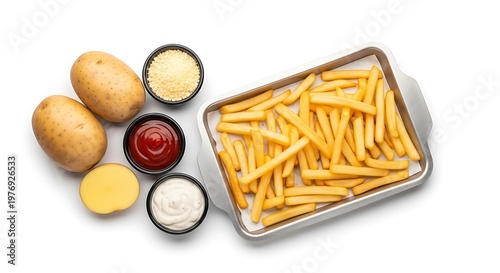 French Fries with Potatoes and Dipping Sauces on White Background