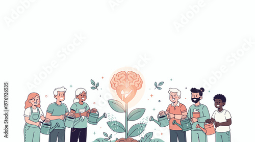 Diverse community nurturing a brain and heart symbolic plant, fostering mental health and emotional well-being through collective care, in a cheerful flat vector illustration with soft pastel colors.