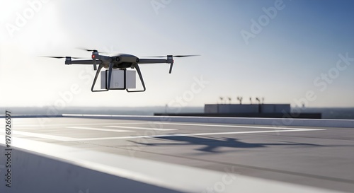 Futuristic drone delivery service showcasing automated package transport over a modern city.