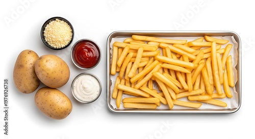 French Fries on Baking Sheet with Potatoes and Condiments