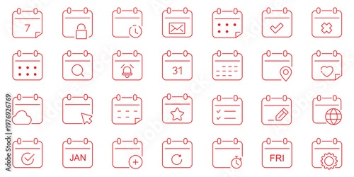 Calendar, Event, Schedule, Appointment, Agenda, Table calendar, Date Editable stroke Solid line icon set collection Vector illustration.