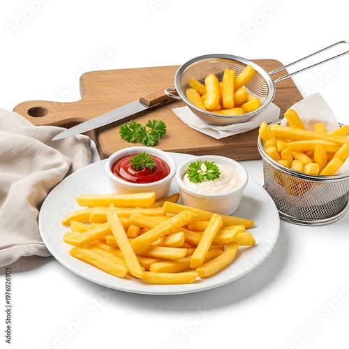 Golden French Fries on White Plate with Ketchup and Sauce