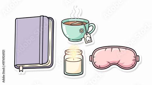 Wellness essentials: journal, steaming tea, lit candle, and sleep mask for ultimate relaxation, calm, and self-care, in a soft pastel flat vector style, isolated on white background.