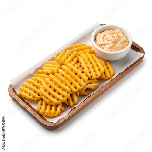 Golden Waffle Fries on Wooden Tray with Dipping Sauce