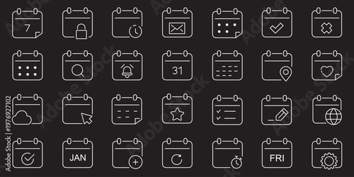 Calendar, Event, Schedule, Appointment, Agenda, Table calendar, Date Editable stroke Solid line icon set collection Vector illustration.