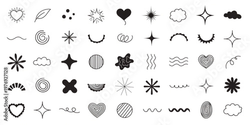 A collection of various black and gray icons featuring hearts, clouds, stars, and other shapes on a white background.