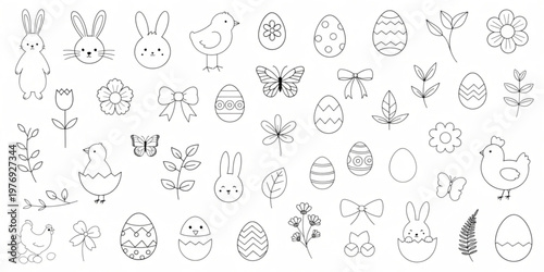 Easter celebration scene with bunnies, eggs, flowers, and chicks illustrations.