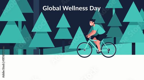 Happy man cycling on a bike through a serene teal forest, embodying active wellness and a healthy lifestyle in a minimalist flat vector illustration.