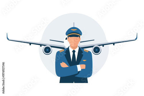 A confident pilot in a blue uniform stands in front of an airplane.