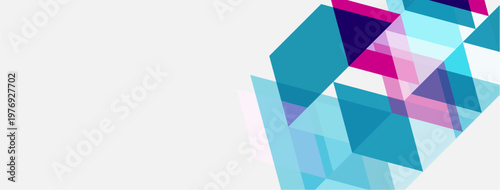 Abstract geometric shapes, triangles, polygons. Light blue, pink hues dominate white background. Modern design element.