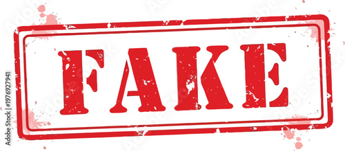Red distressed stamp with the word f a k e in white fake