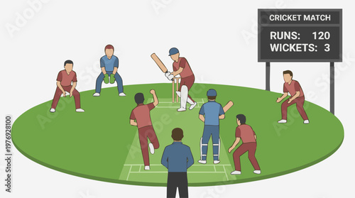 Vector illustration of a cricket match with players and scoreboard