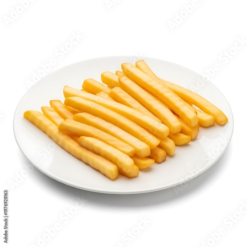 Golden French Fries on White Plate Isolated