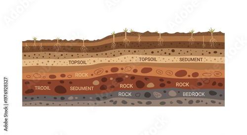 A professional geological cross-section diagram clearly labels various soil layers including topsoil, sediment, rock, and bedrock with plant roots against white.