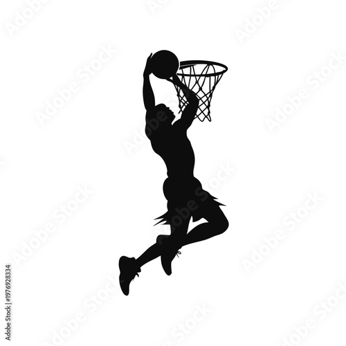 Basketball player silhouette, dunking, sports icon, athletic jump, black illustration
