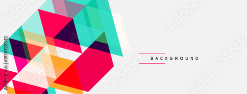 Abstract geometric shapes overlap, creating vibrant colorful design. White space dominates right side with text background.