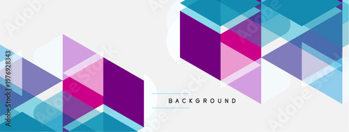Abstract geometric shapes overlap, creating vibrant patterns. Purple, blue, pink hues dominate white space. Text reads background.
