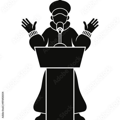 Black silhouette of a person wearing a gas mask, speaking at a podium, gesturing