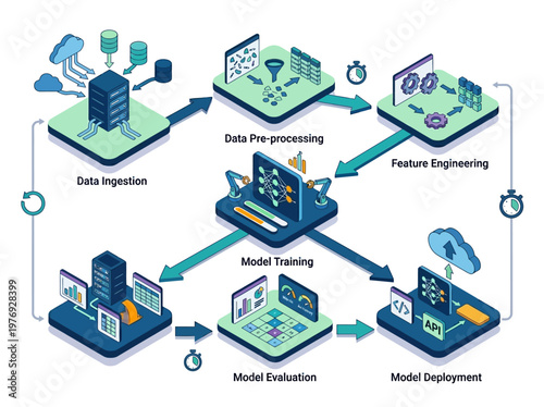 Isometric flat vector illustration depicting the comprehensive machine learning lifecycle process, from data ingestion to model deployment