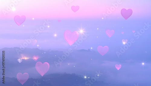 A whimsical pastel landscape of misty mountains and clouds at sunrise, soft pinks and purples blending with sparkling lights and floating translucent hearts, evoking romance and dreamlike serenity.