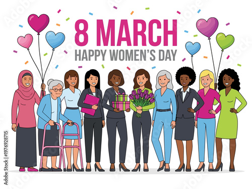 Happy International Women's Day Celebration with a Diverse Group of Multi-ethnic Women of Different Ages and Professions. 8 March Equality and Empowerment Concept Illustration.