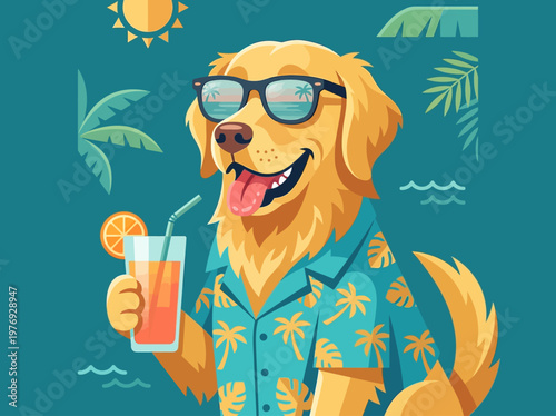 Funny Golden Retriever in Hawaiian Shirt with Cocktail and Sunglasses Vector Illustration - Summer Vacation Concept