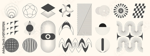 Hand drawn abstract minimal element mid century vector set. Aesthetic contemporary stripe line art, geometric shape in monochrome. Art form design for wall art, decoration, wallpaper.