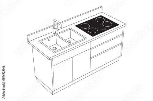 Line drawing of a modern kitchen island featuring a sink cooktop and cabinet storage high quality