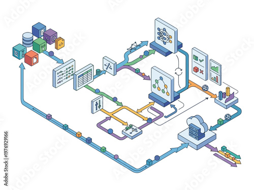 Isometric vector illustration of a dynamic data processing pipeline integrating machine learning, AI, and cloud analytics.