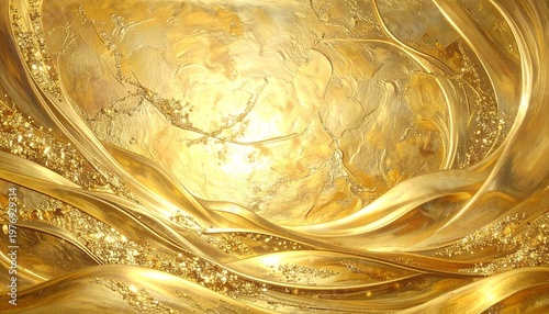   
An abstract golden artwork with swirling textured brushstrokes and luminous metallic waves, shimmering bands across the canvas evoke fluidity, richness, and luxury through radiant light reflections