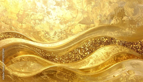   
An abstract golden artwork with swirling textured brushstrokes and luminous metallic waves, shimmering bands across the canvas evoke fluidity, richness, and luxury through radiant light reflections