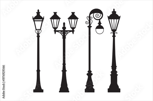 A collection of ornate black silhouettes depicting vintage street lamps against a white background high quality