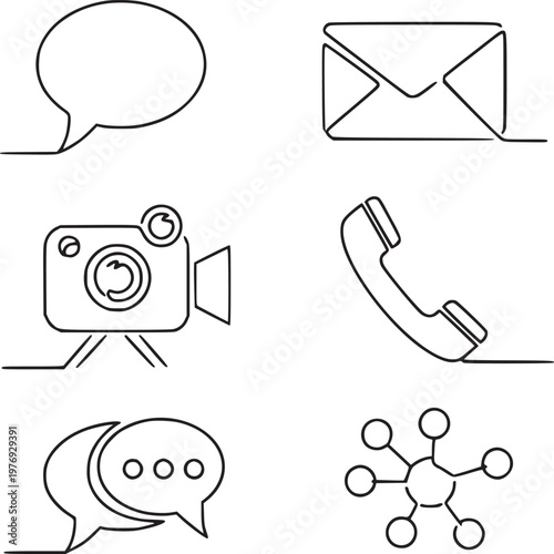 set of six communication and technology icons in flat line art style for business and marketing