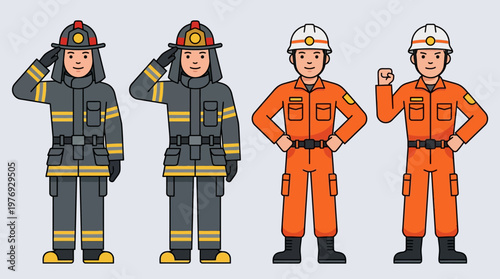 Set of Firefighter and Rescue Worker Characters in Professional Uniforms - Cartoon Illustration of Emergency Service Heroes