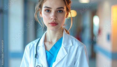 A healthcare professional in blue scrubs and a white coat with stethoscope, standing in a softly lit hospital hallway, symbolizing medical expertise, patient care, and professional dedication.