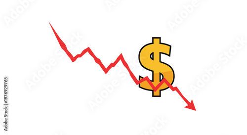 A sharp red downward trending line graph illustrates a significant financial decline alongside a prominent gold dollar sign on a clean white background.